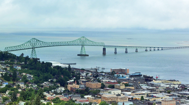 The Finnish community in Uniontown, Astoria, Oregon: view of downtown Astoria and the Astoria-Megler Bridge over the Columbia River