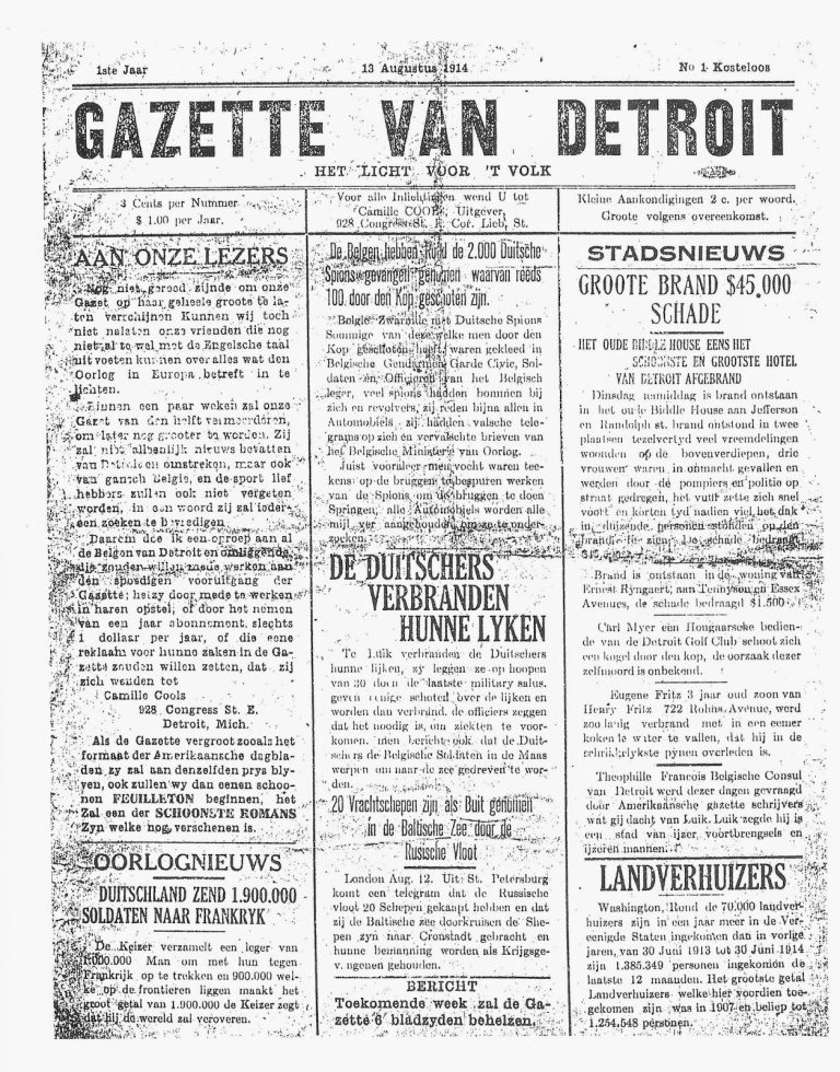 The Flemish Belgian community in Detroit, Michigan: front page of the Gazette van Detroit, 14 August 1914